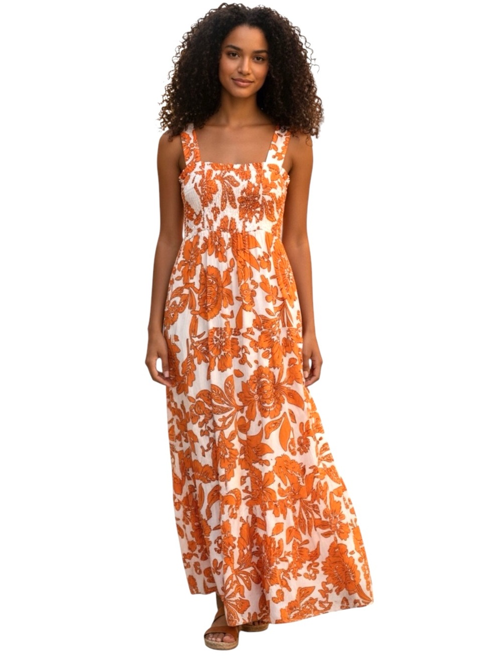 Vince Camuto Floral Square Neck Maxi Dress, Color Orange Ivory, Size Large